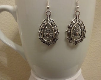 Silver Spider and Web Dangle Earrings