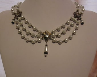 White Pearl (Glass or Natural) and Golden Bronze Multi Strand Bridal Wedding Necklace