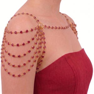 3-6 strengen robijnrode strass met gouden ringketting Dubbelzijdige schouderketting bruidsbalfeest