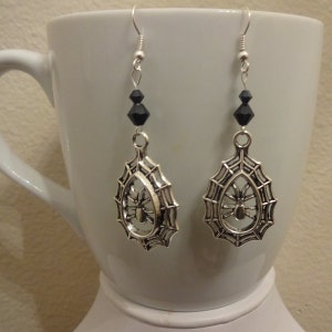 Silver Spider and Web with Black Swarovski Crystal Dangle Earrings