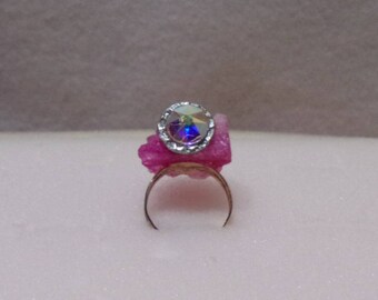 Pink Druzy Quartz with AB Rhinestone and Hammered Silver Circle with Silver Plated Adjustable Ring Base