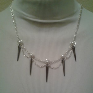 Gunmetal, White and Silver Spikes with Pearls Necklace