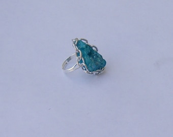 Blue Druzy Agate Ring With Silver Chain Wrap and Silver Adjustable Ring Base