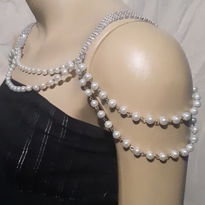 2-streng 8mm wit glas parelkraal ketting met zilveren of gouden acryl strass lint schouder ketting