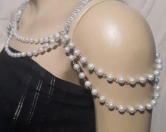 2-Strand 8mm White Glass Pearl Bead Chain with Silver or Gold Acrylic Rhinestone Ribbon Shoulder Necklace