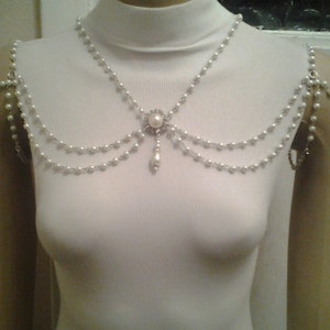 2-in-1 Reversible Pearl Crystal Flowers with Ivory Pearl Bead Chain Shoulder Necklace Bridal Wedding Prom Pageant Gatsby
