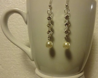 Triple Crystal and Ivory Pearl Dangle Earrings