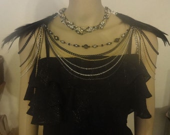 Feathered Black, Beaded and Mixed Metals Shoulder Chain Necklace