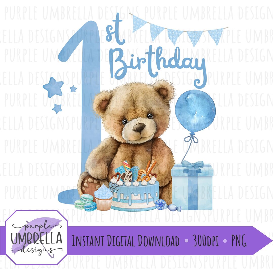 1st Birthday Bear Blue Design PNG Sublimation UV/DTF Digital Download ...