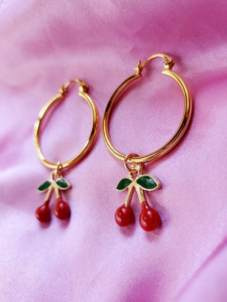 Cherry Charm Gold Hoop Earrings // Cherry Aesthetic Cherry Etsy