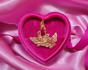 Gold Angel Dangle Earrings, Cherub Huggie Hoops