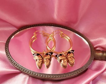 Gold Butterfly Charm Hoops //