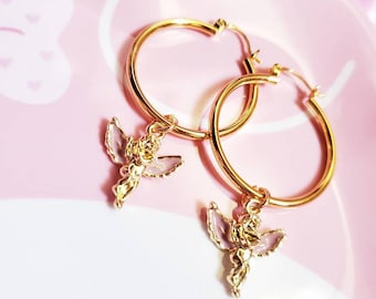 Gold Hoop Earrings with Glazed Cherub Angel Charms