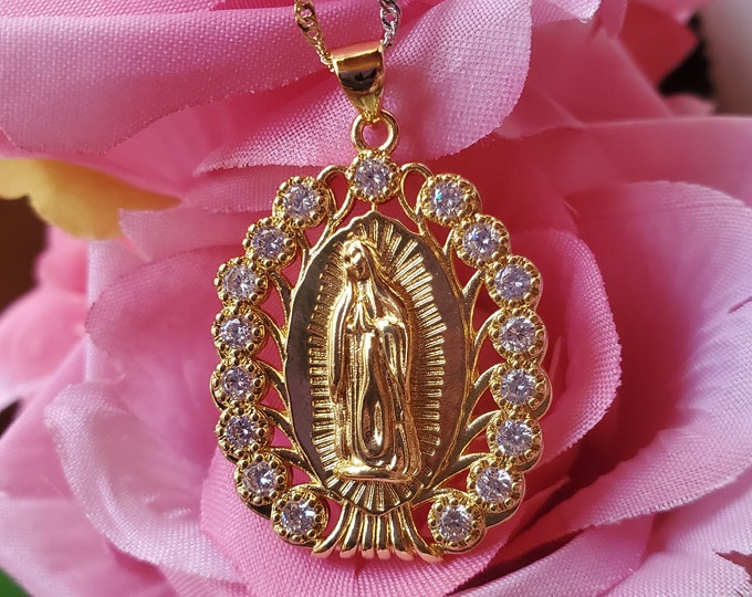 Virgin Mary Gold Diamond Pendant Necklace Religious Necklace Gold