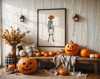 Skeleton Halloween Wall Art, Spooky Pumpkin Print (Digital Download)