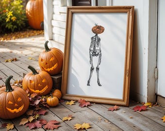 Pumpkin Skeleton Wall Art Printable, Halloween Spooky Art Print (Digital Download)