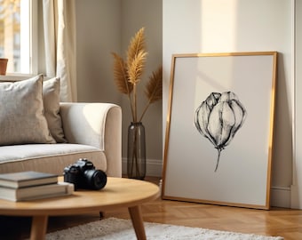 Charcoal Flower Drawing Print, Minimalist Botanical Wall Art, Neutral Home Decor (Digital Download)