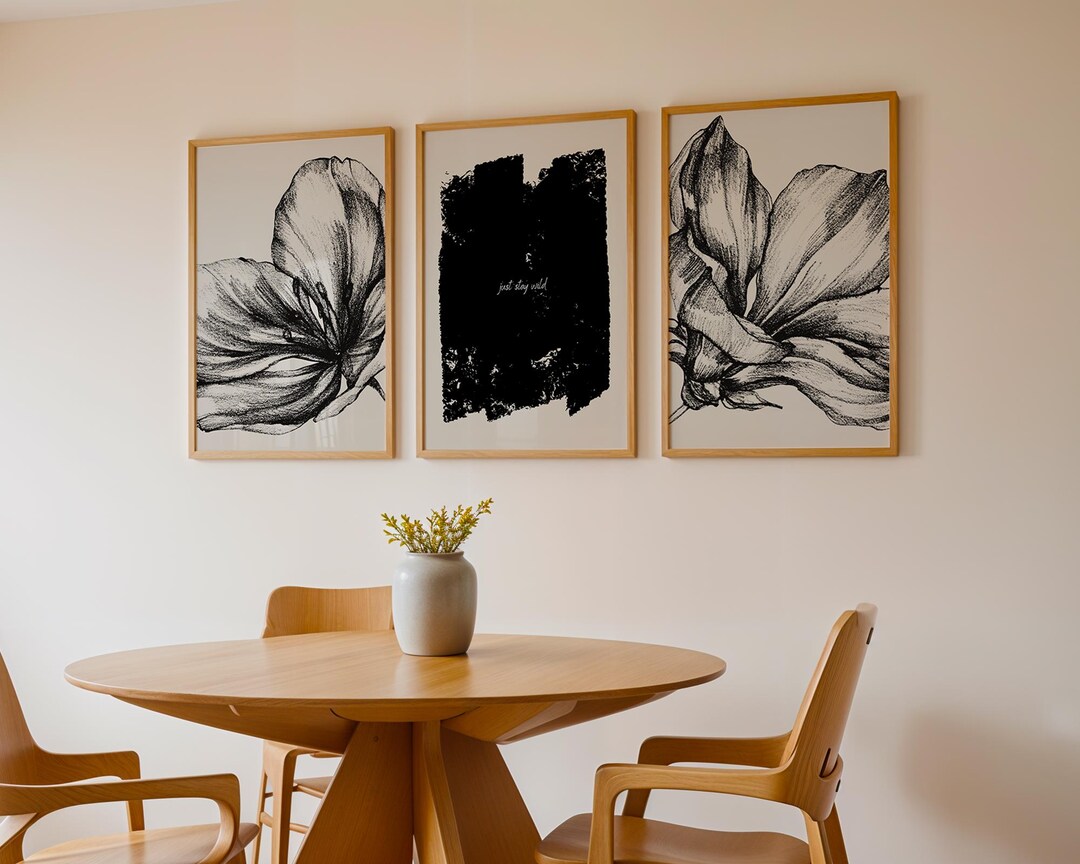 Abstract Floral Wall Art Set of 3, Black & White Botanical Digital ...