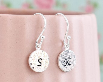 Personalised Sterling Silver Earrings ∙ Textured Disc Drop/Dangle Earrings ∙ Bridesmaid Gift ∙ Birthday Present for Her ∙ Mothers Day