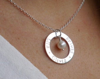 Personalised Sterling Silver & Pearl Necklace ∙ Birthday Gift for Her ∙ Nanny Pendant ∙ Children Name ∙ Silver Ring ∙ Christmas Present