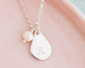 Personalised Teardrop Necklace ∙ Sterling Silver & Freshwater Pearl ∙ Birthday Gift Idea ∙ Custom Initial Tag Necklace ∙ Mothers Day Present