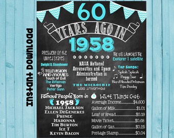 gold 60th birthday chalkboard 1958 poster 60 years ago in 1958 etsy