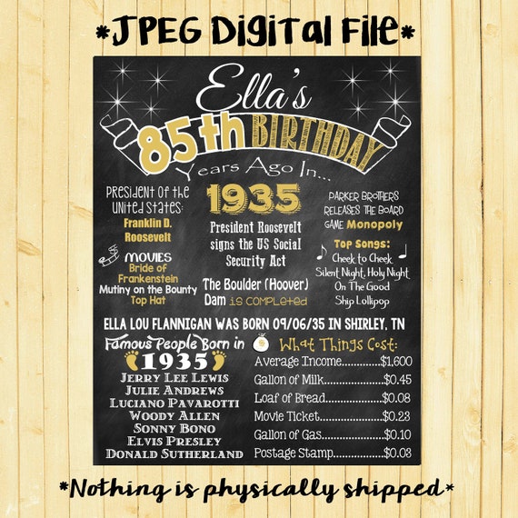 Gold 85th Birthday Chalkboard 1935 Poster 85 Years Ago in 1935 Born in 1935 85th Birthday Gift Il_570xn