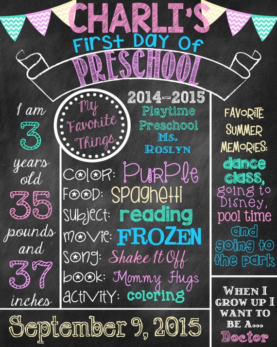 First Day of Preschool Chalkboard Poster Sign First Day of School Girl First Day of Preschool Il_570xn