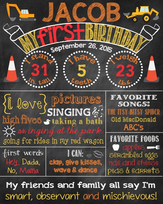 Construction Birthday Chalkboard Construction First Birthday Poster *DIGITAL FILE Il_570xn