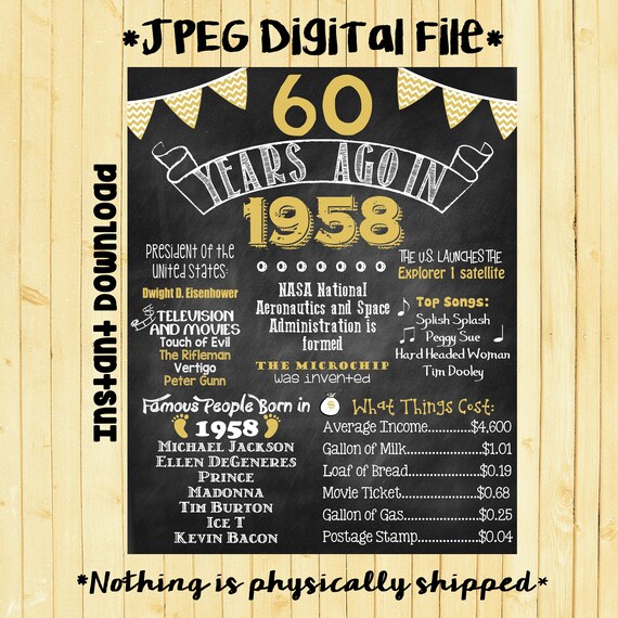 60. Geburtstag Tafel 1958 Poster 60 Jahre vor 1958 geboren in Etsy