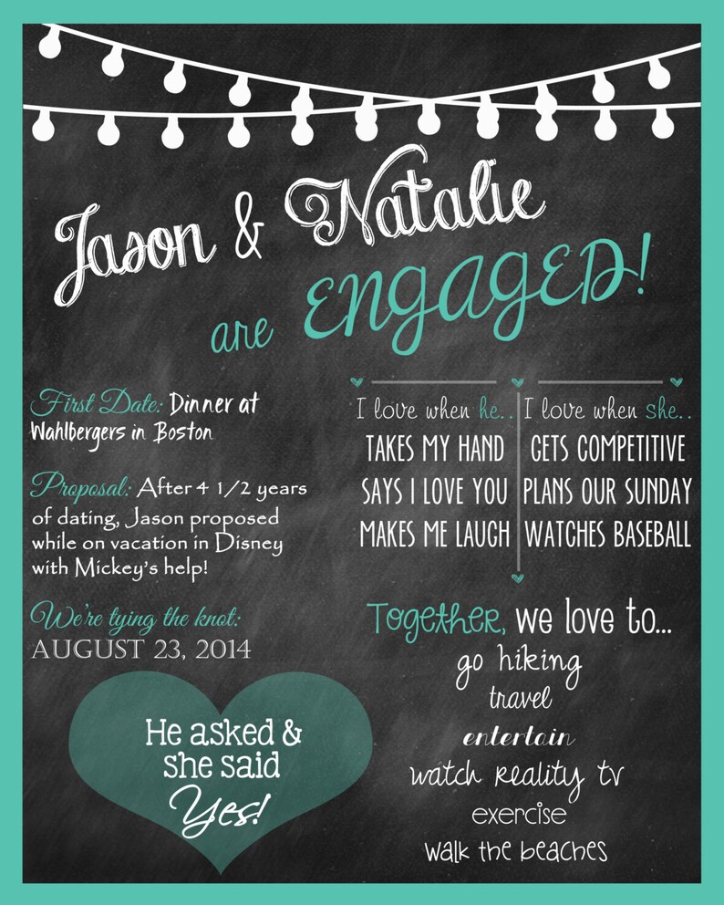 Printable Custom Chalkboard Engagement Party Poster Sign // Etsy