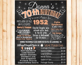 70th Birthday Chalkboard 1952 Poster 70 Years Ago in 1952 Born in 1952 70th Birthday Gift *DIGITAL FILE