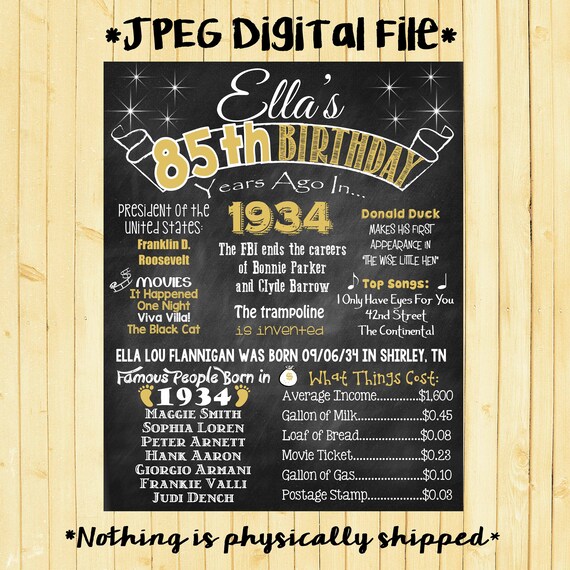Gold 85th Birthday Chalkboard 1934 Poster 85 Years Ago in 1934 Born in 1934 85th Birthday Gift Il_570xn