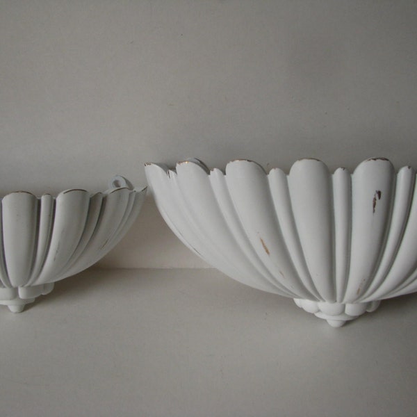 Vintage Scalloped Edge Wall Pocket Pair Shabby White and Gold