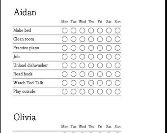 May include: A black and white printable chore chart with the names Aidan and Olivia at the top. The chart lists daily chores such as make bed, clean room, practice piano, job, unload dishwasher, read book, watch Ted Talk, and play outside. Each chore has a box for each day of the week, Monday through Sunday.