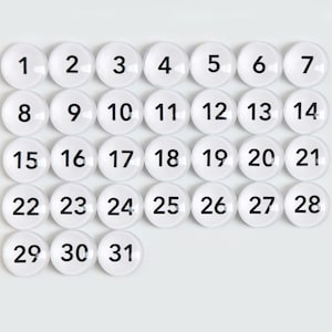 Set of 31 Extra Small White Glass Magnets | 15mm Dry Erase Calendar Magnets | Magnetic Fridge Decor | White Numbers for Calendar