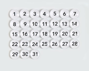 Set of 31 Extra Small White Glass Magnets | 15mm Dry Erase Calendar Magnets | Magnetic Fridge Decor | White Numbers for Calendar
