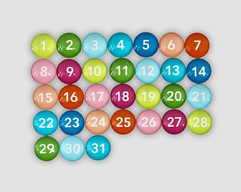 Set of 31 Multi Colored Glass Magnets | Extra Small | Magnetic Gifts | Reusable Planner Whiteboard Numbers | Decorative Refrigerator Magnets