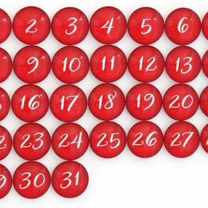 Set of 31 Red Glass Calendar Number Magnets | Red Glass Magnets for Fridge | Dry Erase Magnetic Whiteboard | Magnetic Calendar Number