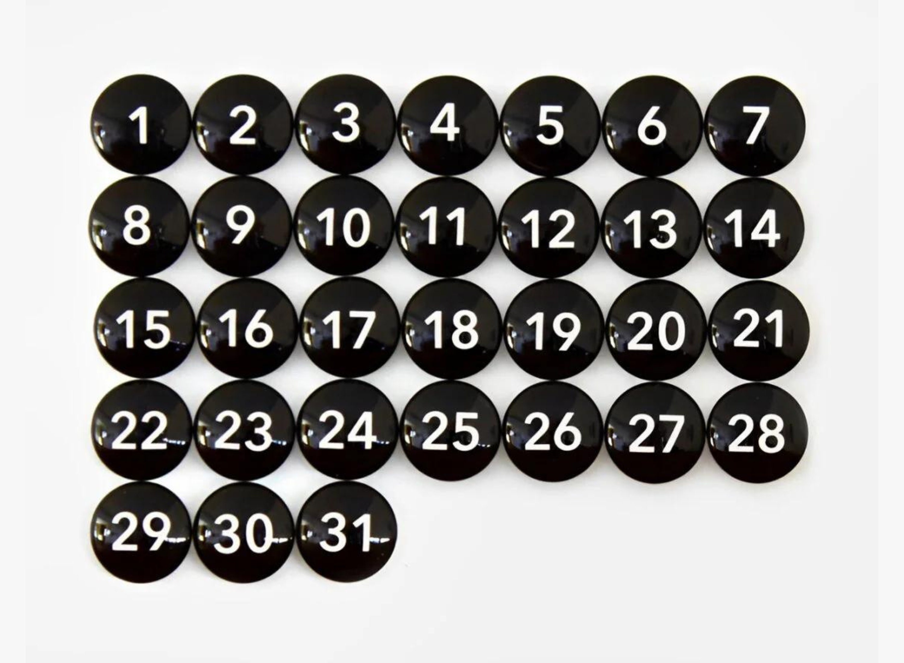 Set of 31 Black Glass Magnets | Whiteboard Stickies for Dry Erase Calendar  | Glass Date Numbers | Small Calendar Magnets | Magnetic Gifts, image size:3000x2201