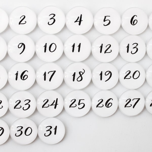 31 White Calendar Number Glass Magnets - NEW!