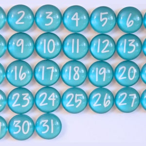 31 Elegant Aqua Blue Calendar Number Glass Magnets | Home, Office Organization | Stylish Glass Number Magnets | Unique Magnetic Gifts