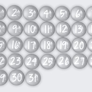 May include: Thirty-one round, gray, numbered tokens with white numbers. The tokens are arranged in a grid pattern.