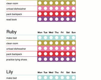 May include: A printable chore chart for kids with a weekly schedule for Henry, Ruby, and Lily. Each child has a list of chores to complete each day of the week, with circles to color in as they complete each task. The chores include making the bed, cleaning the room, unloading the dishwasher, packing a backpack, reading a book, practicing tying shoes, and brushing teeth.