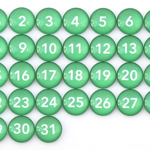 31 Green Calendar Number Glass Magnets | Magnetic Numbers for Dry Erase Board | Magnetic Stylish Decor| Handmade Whiteboard Glass Magnets