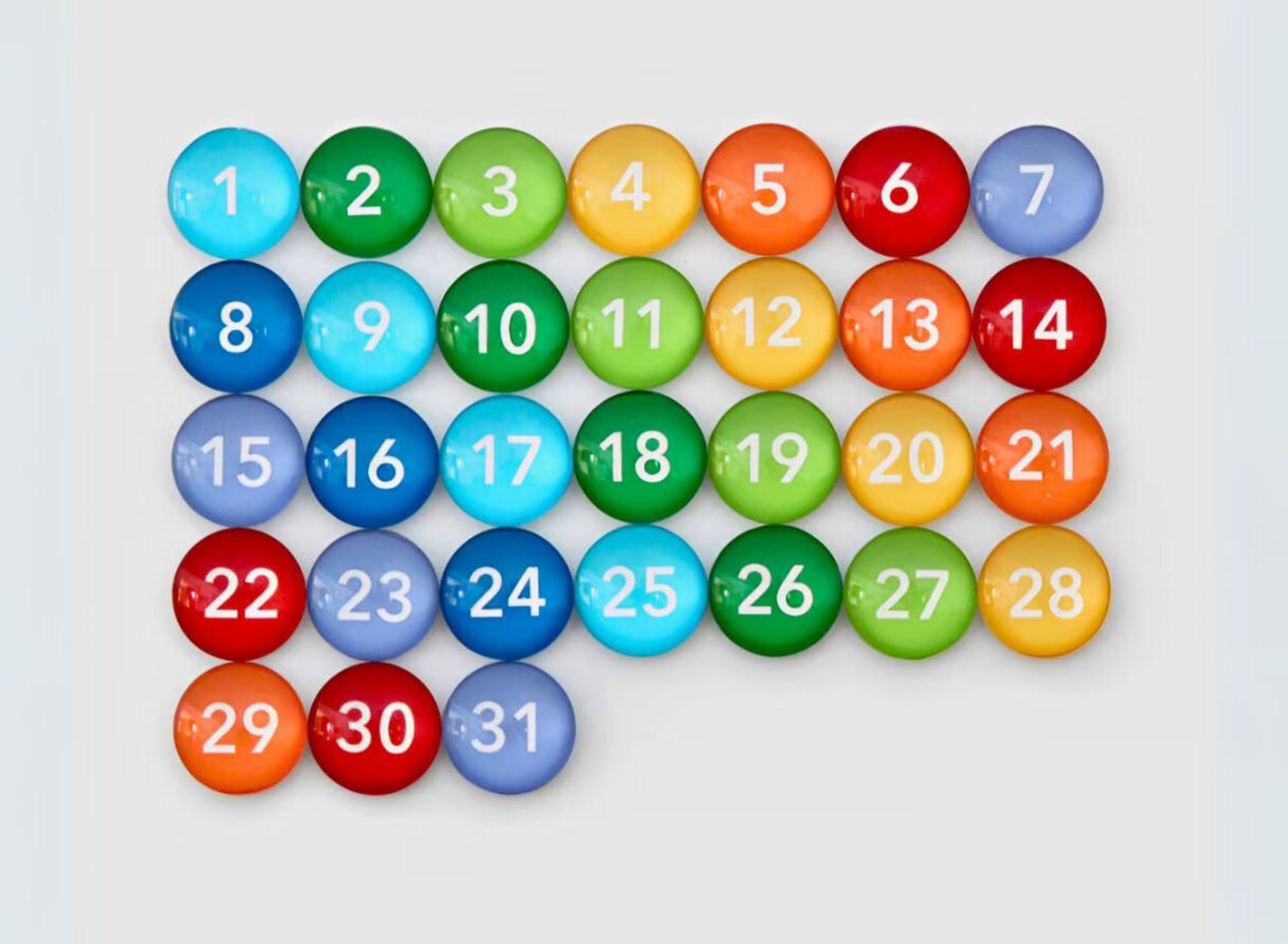 Glass Number Magnets Set of 31 Rainbow | 15mm Extra Small | Colorful Fridge Magnets | Monthly Magnetic Calendar Numbers