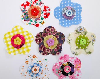 Pack of 7 small layered fabric flower embellishments, floral slow stitching applique snippets