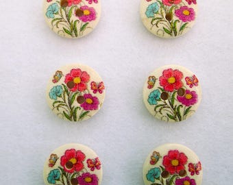 Set of 6 pretty floral wooden buttons, 15mm wood buttons, 2 holes