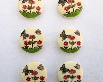 Set of 6 butterfly and flower wooden buttons, 15mm wood buttons, 2 holes