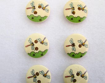 Set of 6 dragonflies wooden buttons, 15mm wood buttons, 2 holes